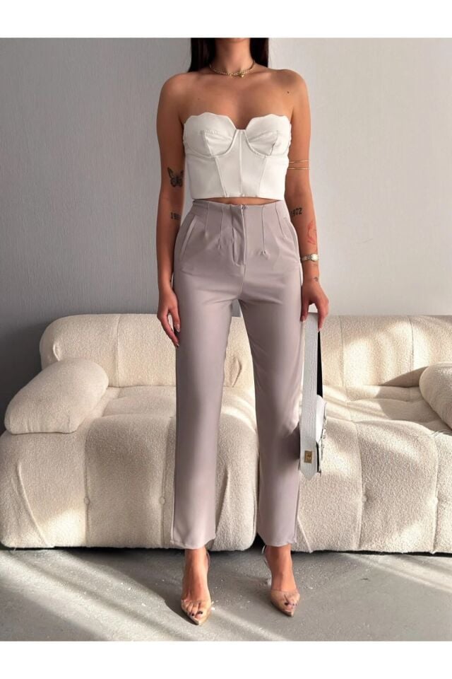 PENSLİ KADIN KUMAŞ PANTOLON ZRA MODEL/KADIN PANTOLON XL - AÇIK GRİ