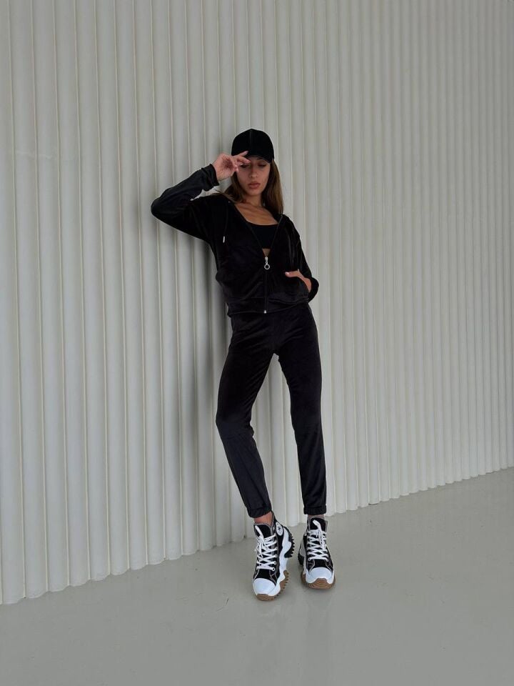 Kadın Fermuarlı Yumoş Kadife Ceket ve Pantolon Takım 2005 XL