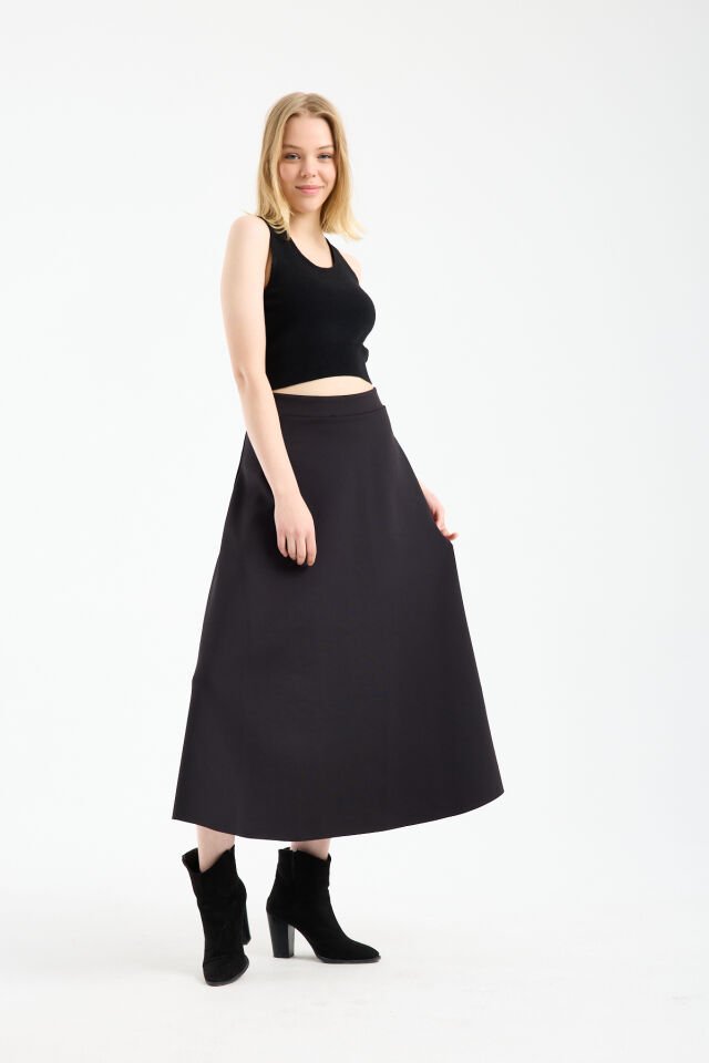 Kadın Scuba Dalgıç Kumaş Uzun Çan Etek Likralı Esnek Bel 2408 L - SİYAH