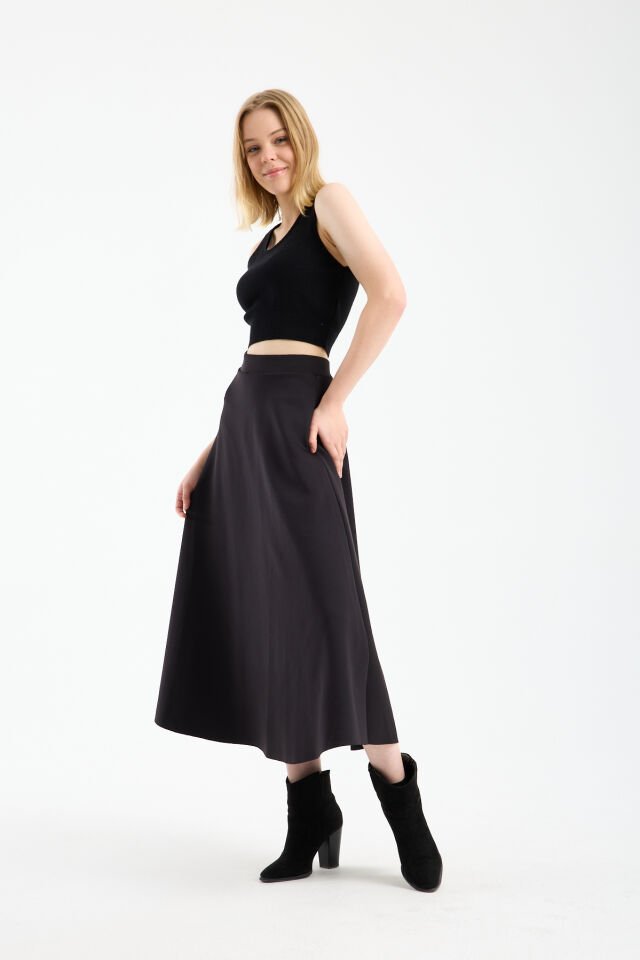 Kadın Scuba Dalgıç Kumaş Uzun Çan Etek Likralı Esnek Bel 2408 L - SİYAH