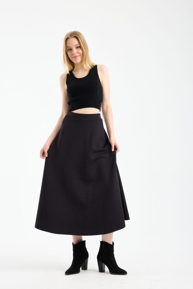 Kadın Scuba Dalgıç Kumaş Uzun Çan Etek Likralı Esnek Bel XL - SİYAH