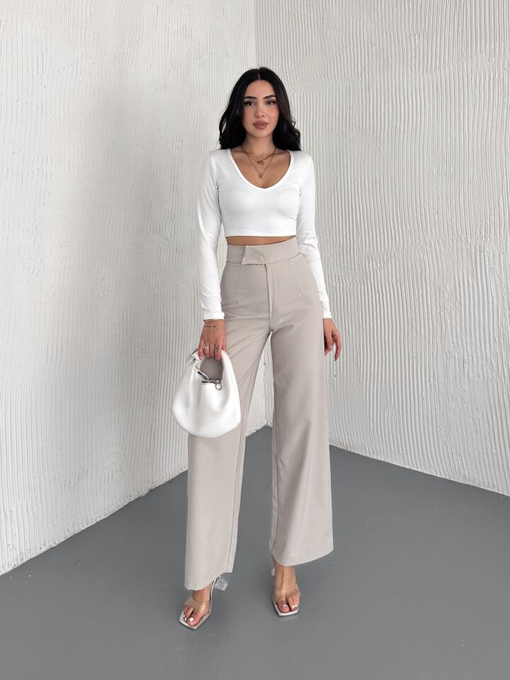Kadın Çırtlı Geniş Paça Kumaş Pantolon AĞAÇ KABUĞU 2226 M - BEJ