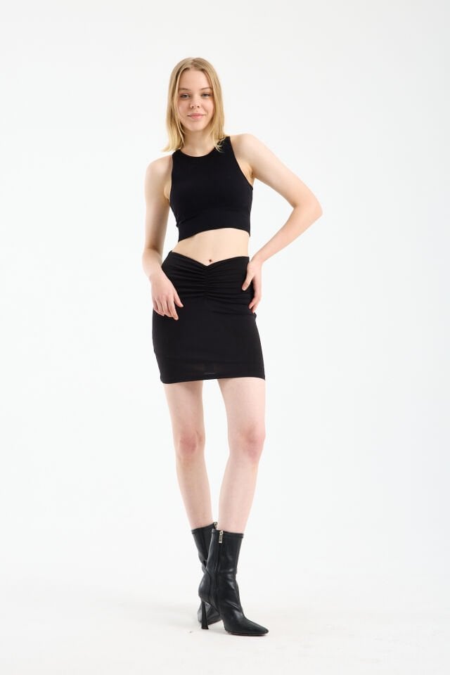 Kadın Önü Büzgülü İçi Astarlı Likralı  Drapeli Sandy Kumaş Mini Etek WM L - SİYAH