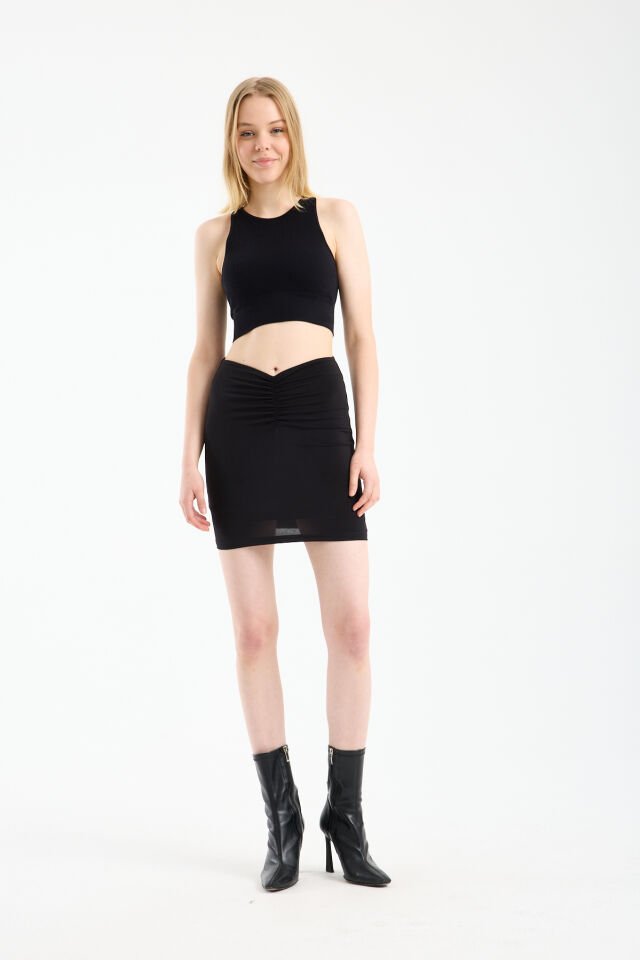 Kadın Önü Büzgülü İçi Astarlı Likralı  Drapeli Sandy Kumaş Mini Etek WM L - SİYAH