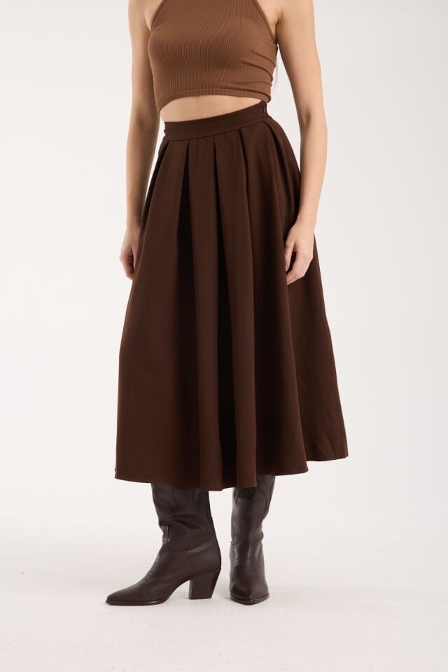 Kadın 91cm Pileli Uzun A Kesim  Günlük Uzun Etek 2488 S - KAHVERENGİ