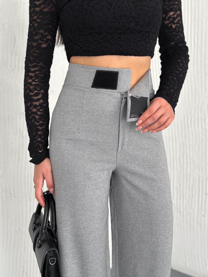 CIRTLI KUMAŞ PANTOLON / KADIN KUMAŞ PANTOLON GENİŞ PAÇA XL - AÇIK GRİ