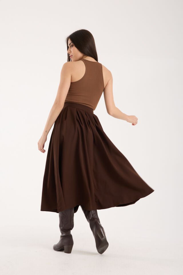 PİLELİ UZUN ETEK 91 CM TAM BOY / GÜNLÜK UZUN ETEK PİLELİ A KESİM M - KAHVERENGİ