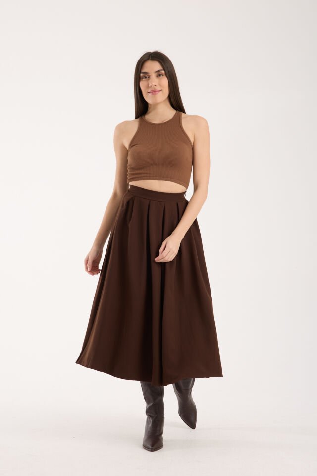 Kadın 91cm Pileli Uzun A Kesim  Günlük Uzun Etek 2488 L - KAHVERENGİ