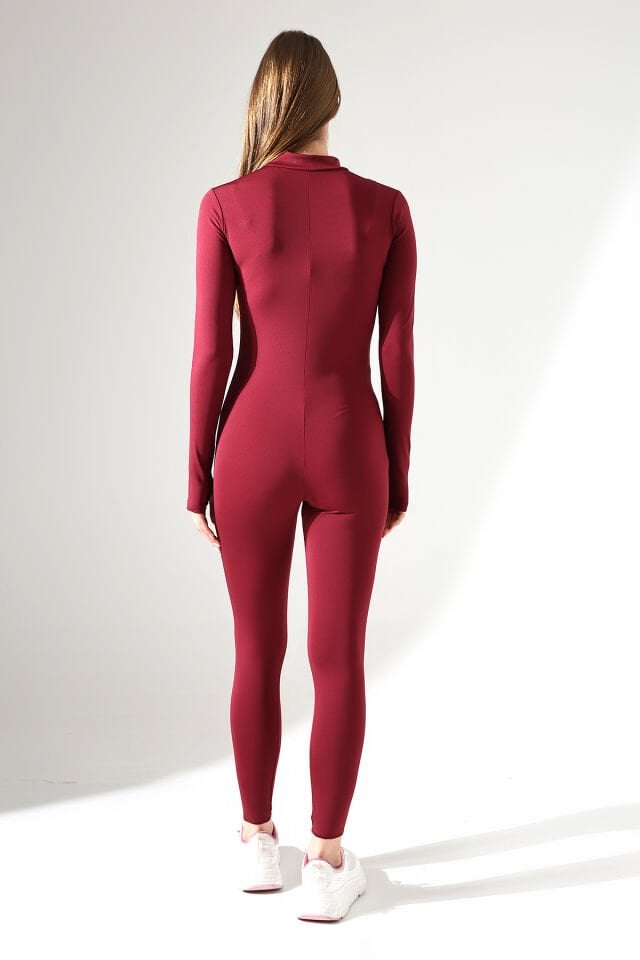 Kadın Uzun Spor ve Günlük Düz Dalgıç Tulum Tayt WM XS - BORDO