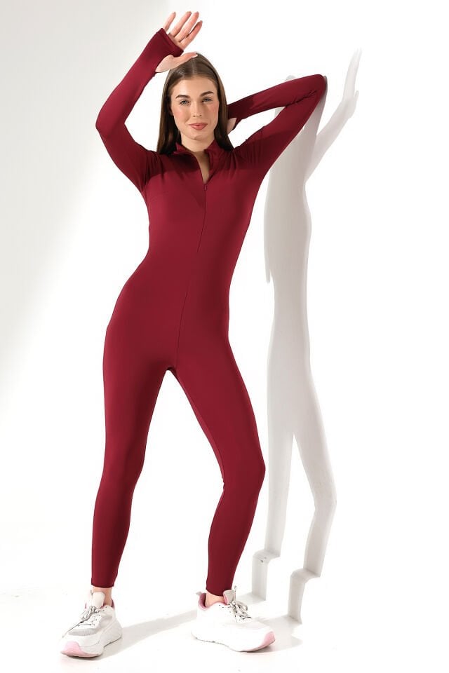 Kadın Uzun Spor ve Günlük Düz Dalgıç Tulum Tayt WM XS - BORDO