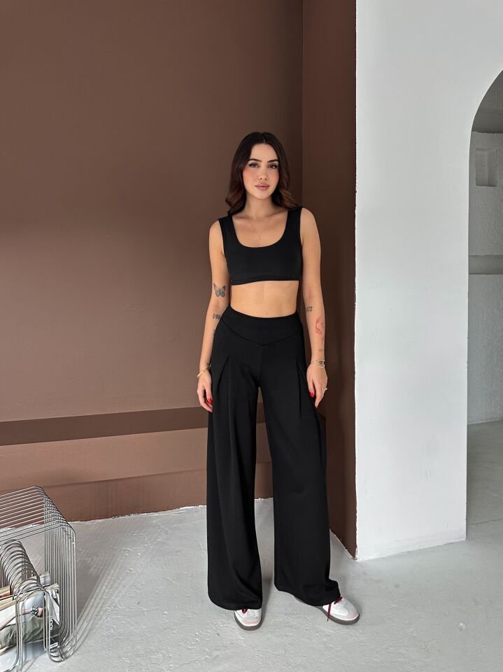 Kadın Yumuşak dokulu Ön Pilili Modal Geniş Pantolon 2597 S - SİYAH