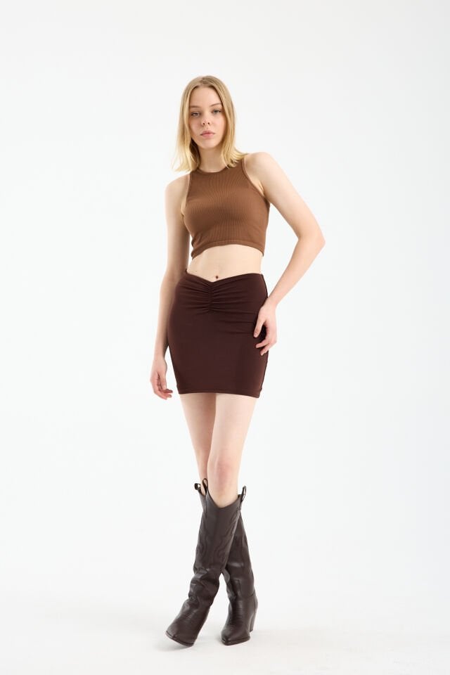 Kadın Önü Büzgülü İçi Astarlı Likralı  Drapeli Sandy Kumaş Mini Etek WM XL - KAHVE