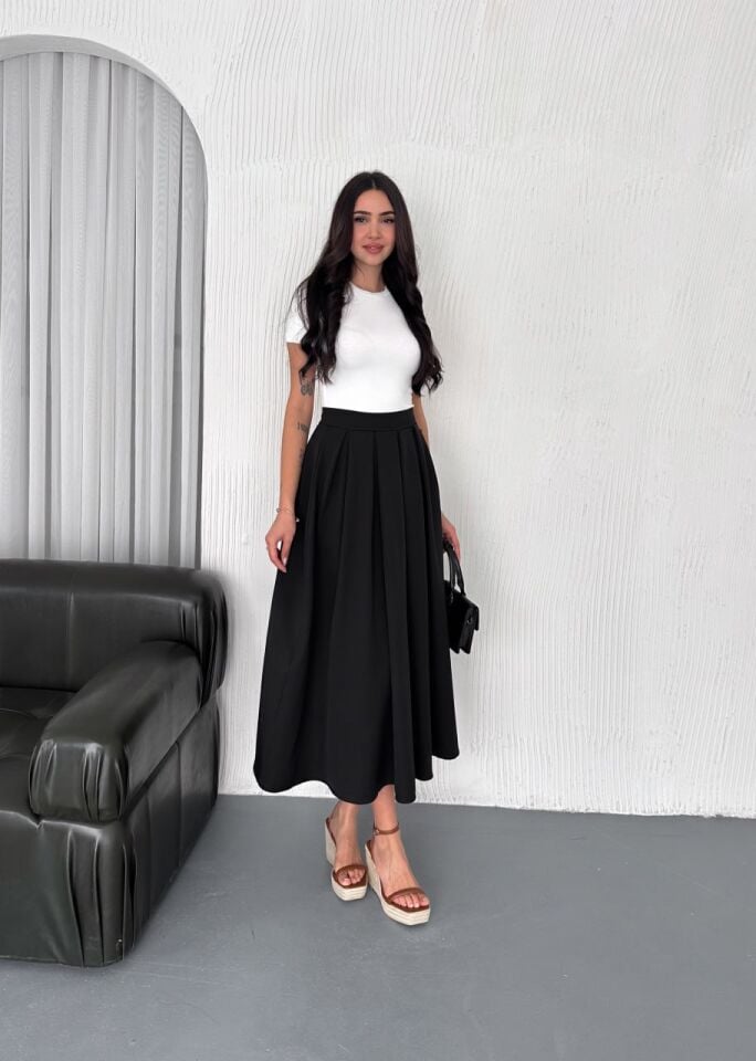 Kadın 91cm Pileli Uzun A Kesim  Günlük Uzun Etek 2488 S - SİYAH