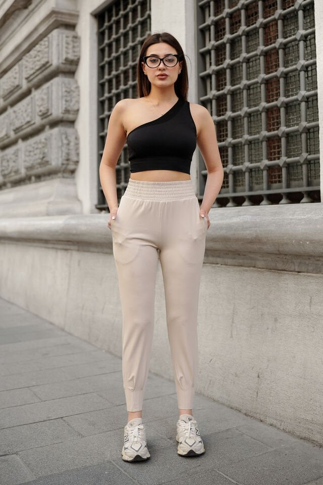 Kadın Bej Rengi Yüksek Bel Likralı Jogger Scuba Eşofman Altı XXL