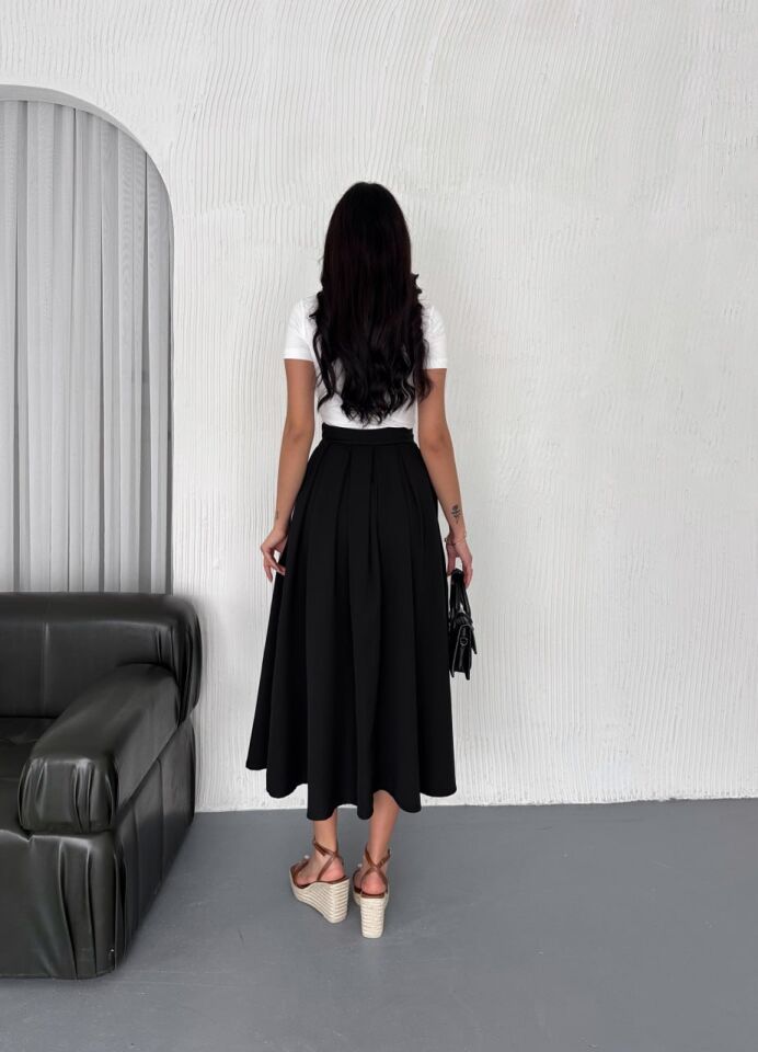 PİLELİ UZUN ETEK 91 CM TAM BOY / GÜNLÜK UZUN ETEK PİLELİ A KESİM M - SİYAH