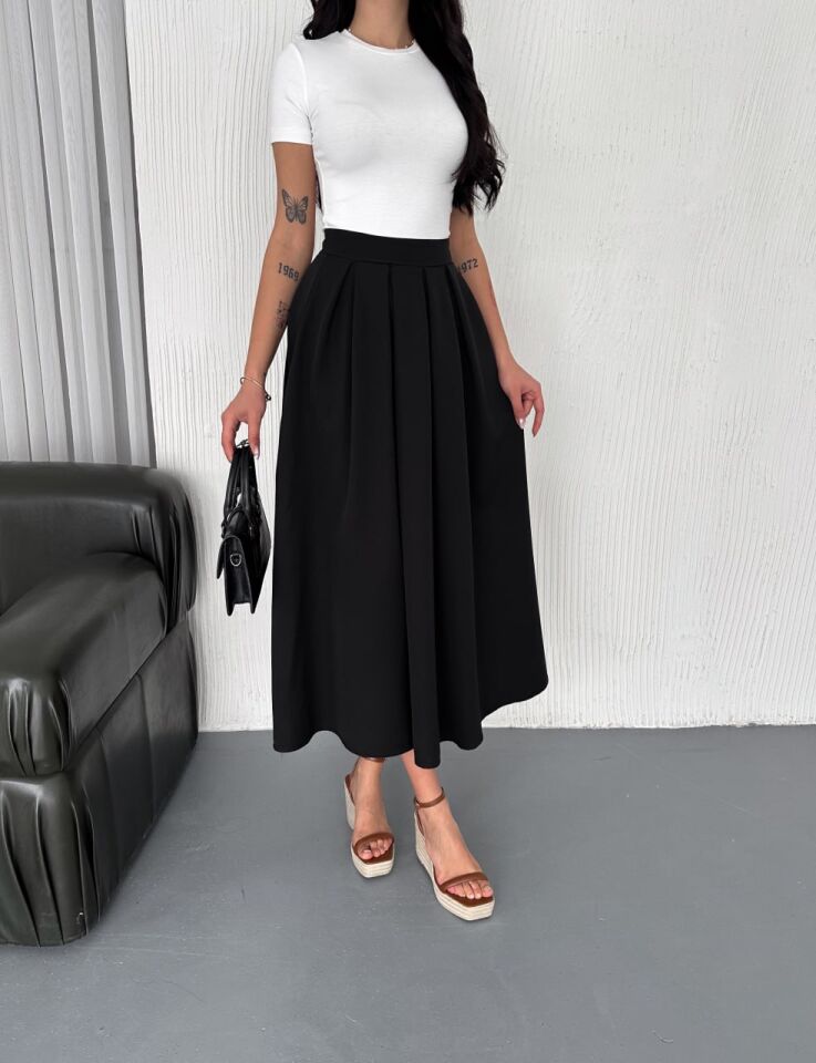 PİLELİ UZUN ETEK 91 CM TAM BOY / GÜNLÜK UZUN ETEK PİLELİ A KESİM M - SİYAH