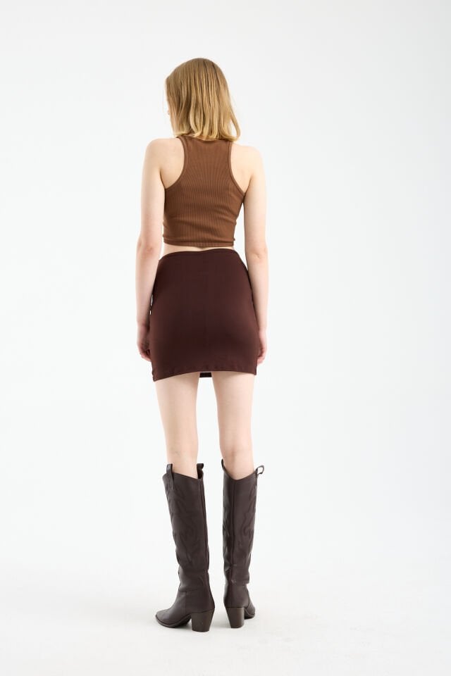 Kadın Önü Büzgülü İçi Astarlı Likralı  Drapeli Sandy Kumaş Mini Etek 2XL - KAHVE