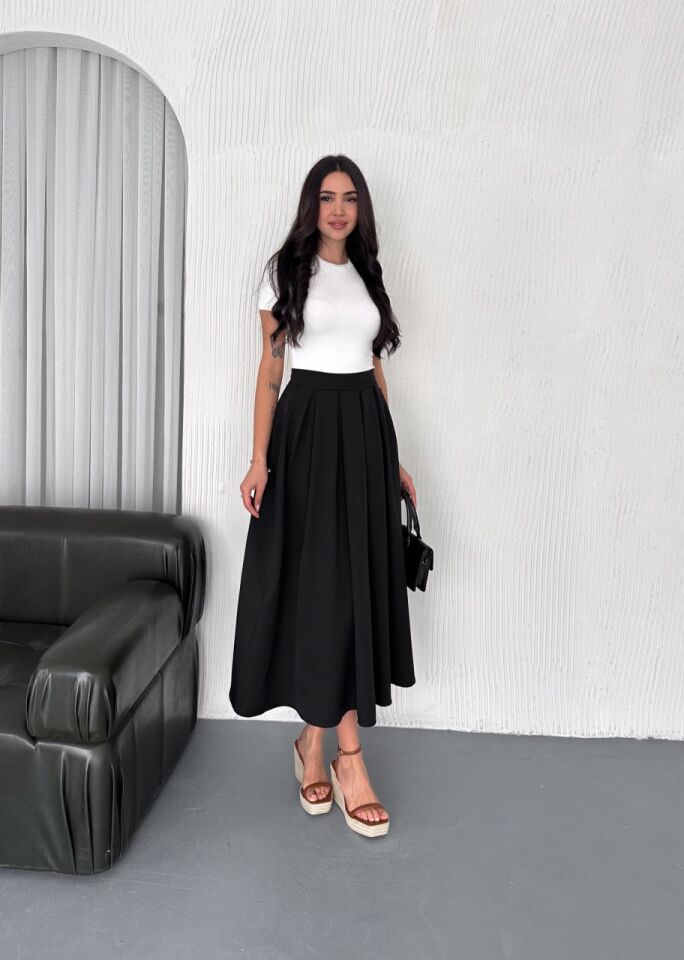 Kadın 91cm Pileli Uzun A Kesim  Günlük Uzun Etek 2488 L - SİYAH