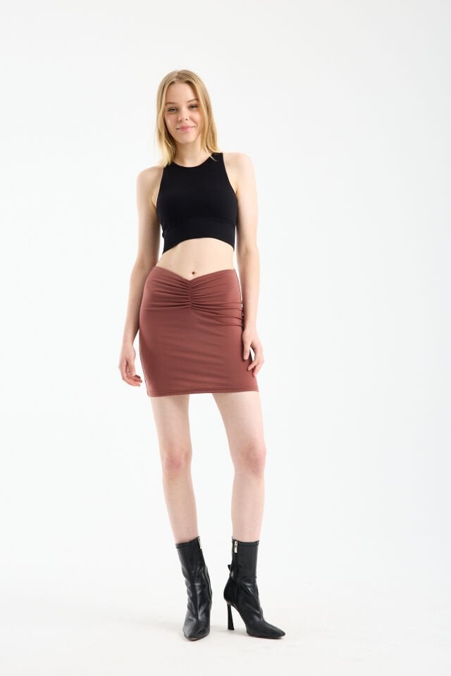 Kadın Önü Büzgülü İçi Astarlı Likralı  Drapeli Sandy Kumaş Mini Etek WM L - KİREMİT