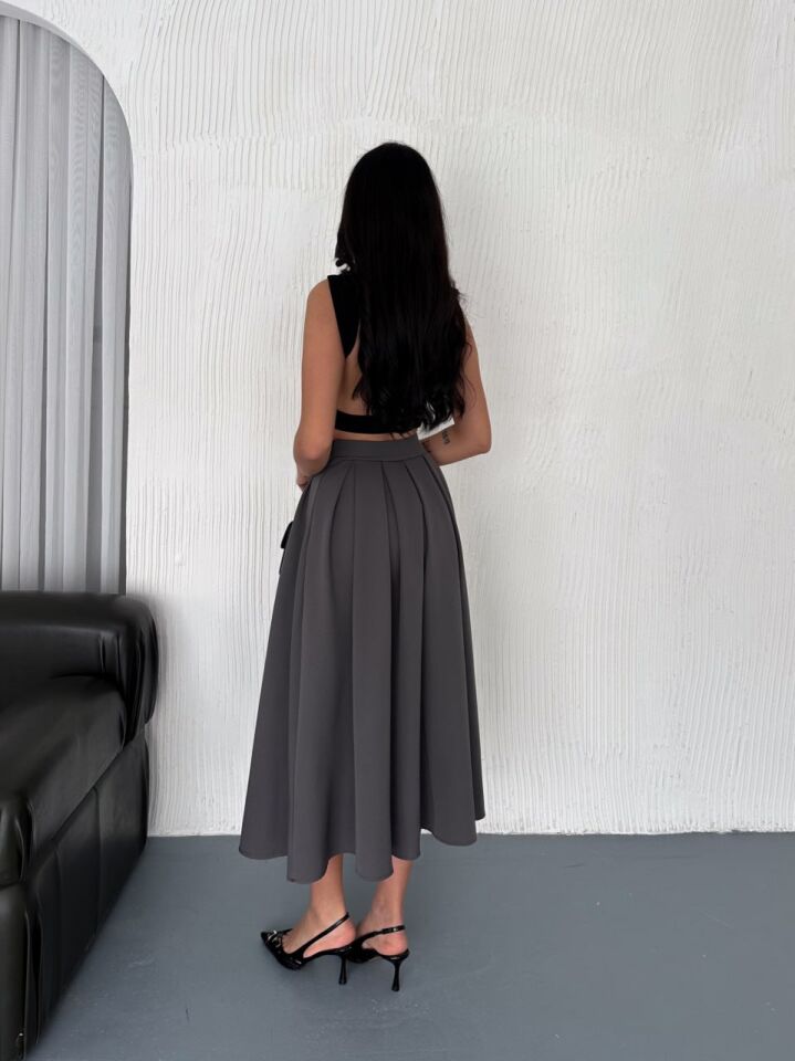 PİLELİ UZUN ETEK 91 CM TAM BOY / GÜNLÜK UZUN ETEK PİLELİ A KESİM M - KOYU GRİ