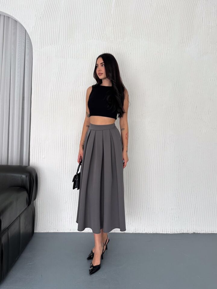 Kadın 91cm Pileli Uzun A Kesim  Günlük Uzun Etek 2488 L - KOYU GRİ
