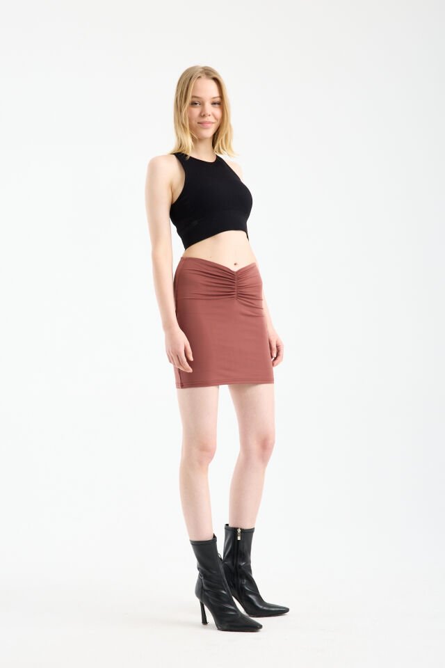 Kadın Önü Büzgülü İçi Astarlı Likralı  Drapeli Sandy Kumaş Mini Etek WM XL - KİREMİT