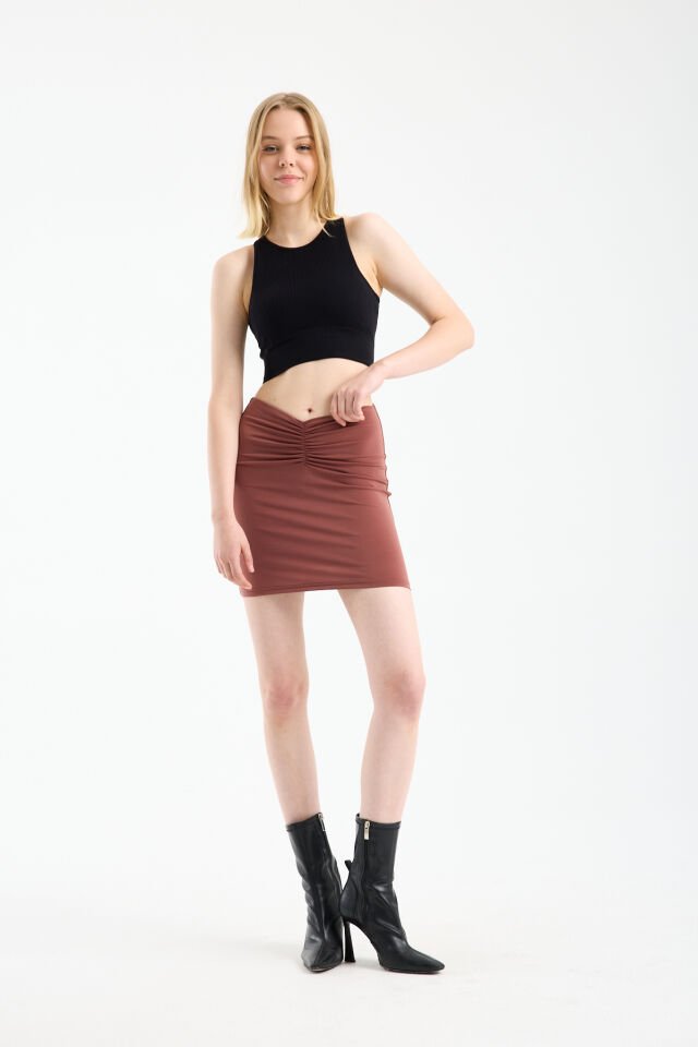 Kadın Önü Büzgülü İçi Astarlı Likralı  Drapeli Sandy Kumaş Mini Etek WM XL - KİREMİT