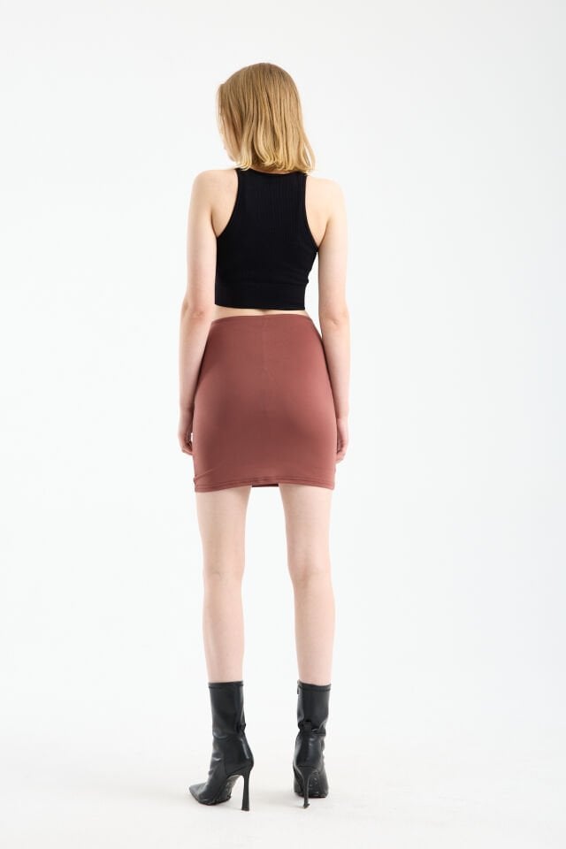 Kadın Önü Büzgülü İçi Astarlı Likralı  Drapeli Sandy Kumaş Mini Etek 2XL - KİREMİT