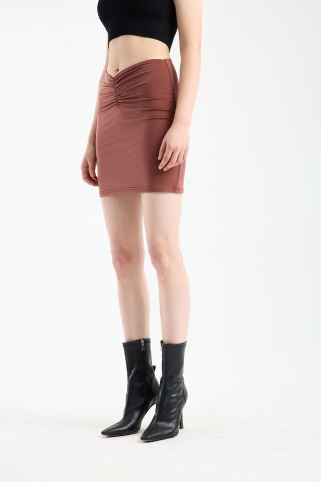 Kadın Önü Büzgülü İçi Astarlı Likralı  Drapeli Sandy Kumaş Mini Etek 2XL - KİREMİT