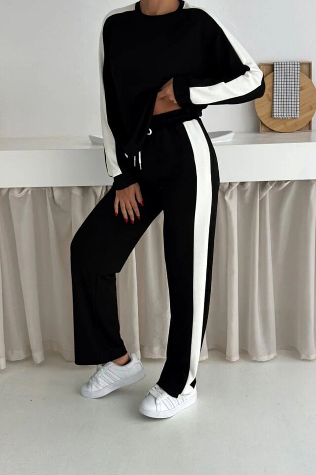 Kadın Yanları Beyaz Şeritli  Hafif Likralı ve Esnek Modal Eşofman Takımı XL - KAHVERENGİ