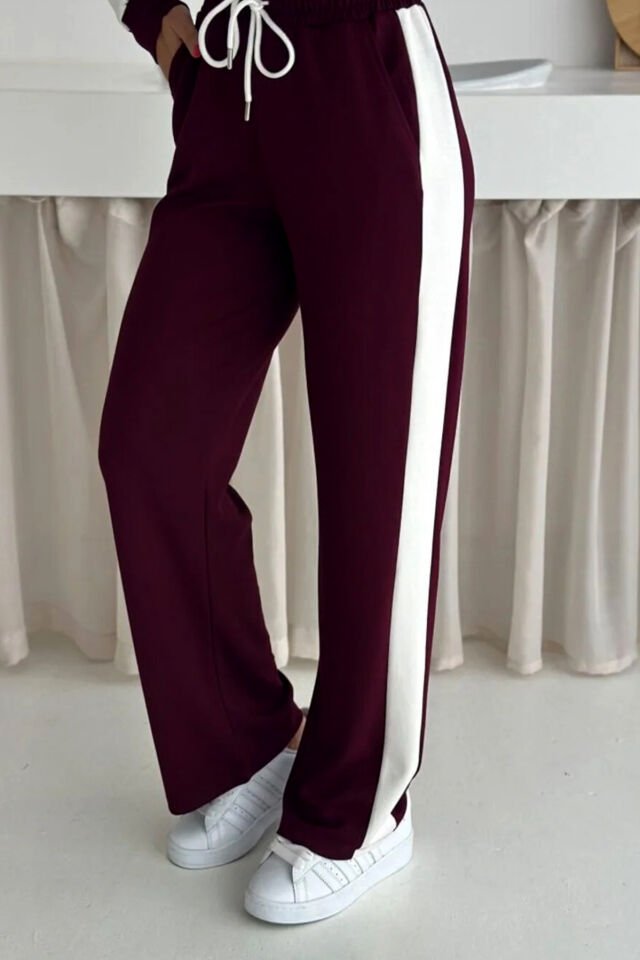 Kadın Yanları Beyaz Şeritli  Hafif Likralı ve Esnek Modal Eşofman Takımı 2577 S - BORDO