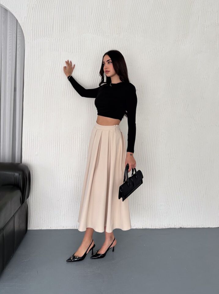 PİLELİ UZUN ETEK 91 CM TAM BOY / GÜNLÜK UZUN ETEK PİLELİ A KESİM M - KREM
