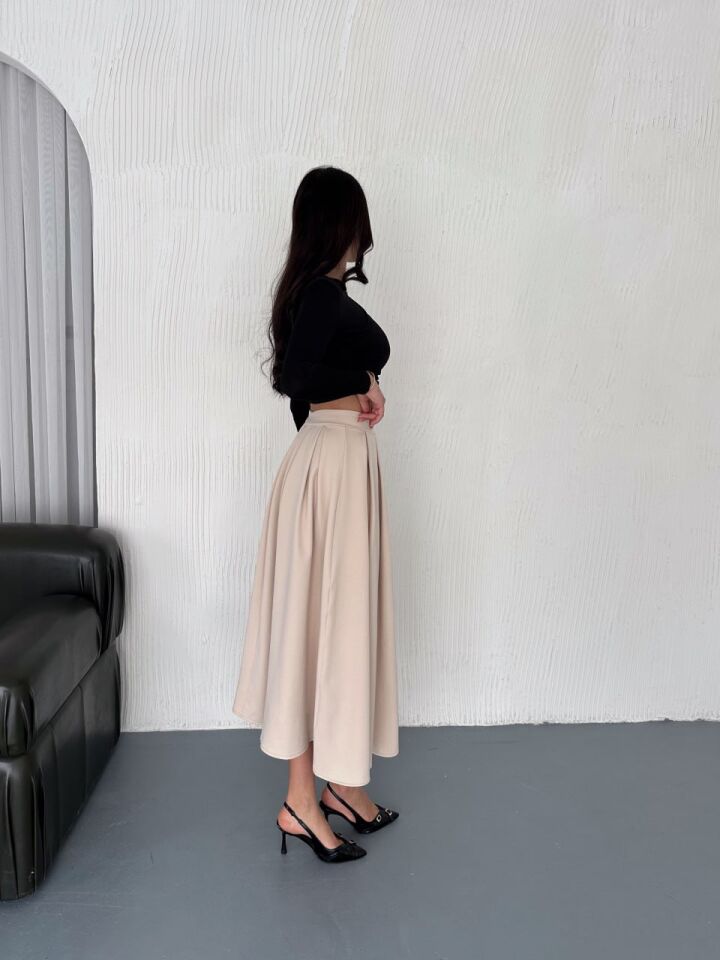 Kadın 91cm Pileli Uzun A Kesim  Günlük Uzun Etek 2488 L - KREM