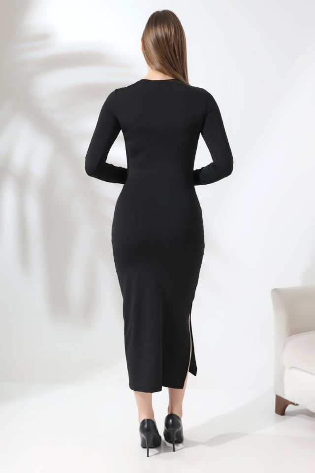 Kadın Siyah Basic Yarım Balıkçı Bisiklet Yaka Uzun Kollu Yırtmaçlı Elbise 2XL