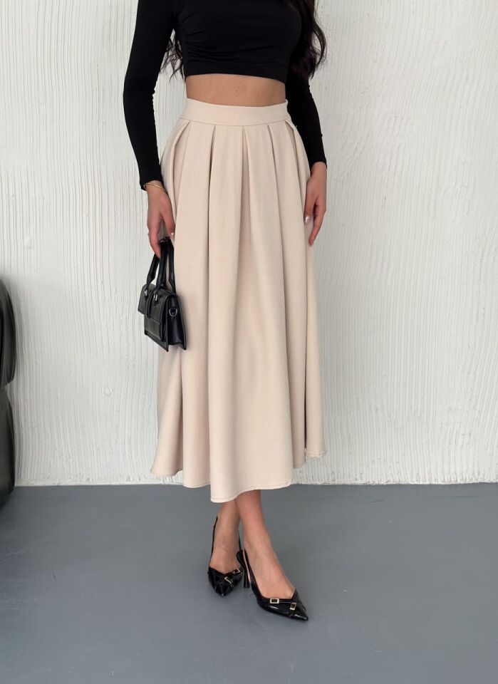 PİLELİ UZUN ETEK 91 CM TAM BOY / GÜNLÜK UZUN ETEK PİLELİ A KESİM XL - KREM