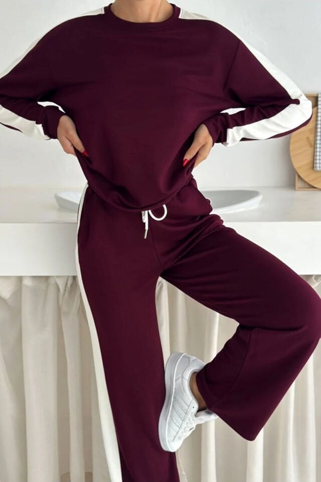 Kadın Yanları Beyaz Şeritli  Hafif Likralı ve Esnek Modal Eşofman Takımı XL - BORDO