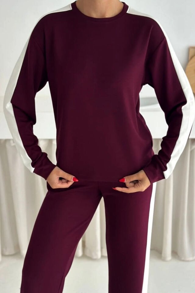 Kadın Yanları Beyaz Şeritli  Hafif Likralı ve Esnek Modal Eşofman Takımı XL - BORDO