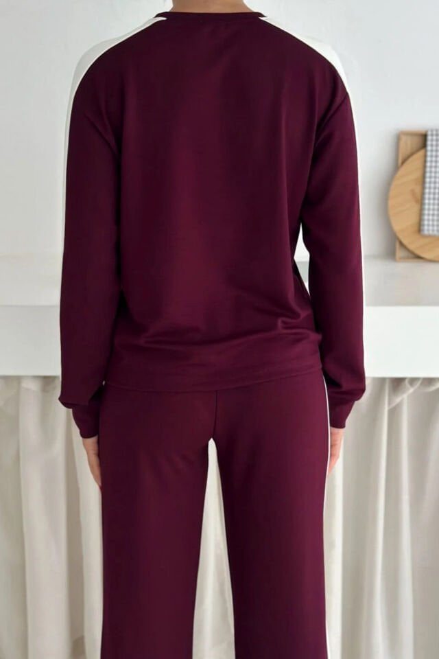 Kadın Yanları Beyaz Şeritli  Hafif Likralı ve Esnek Modal Eşofman Takımı XL - BORDO