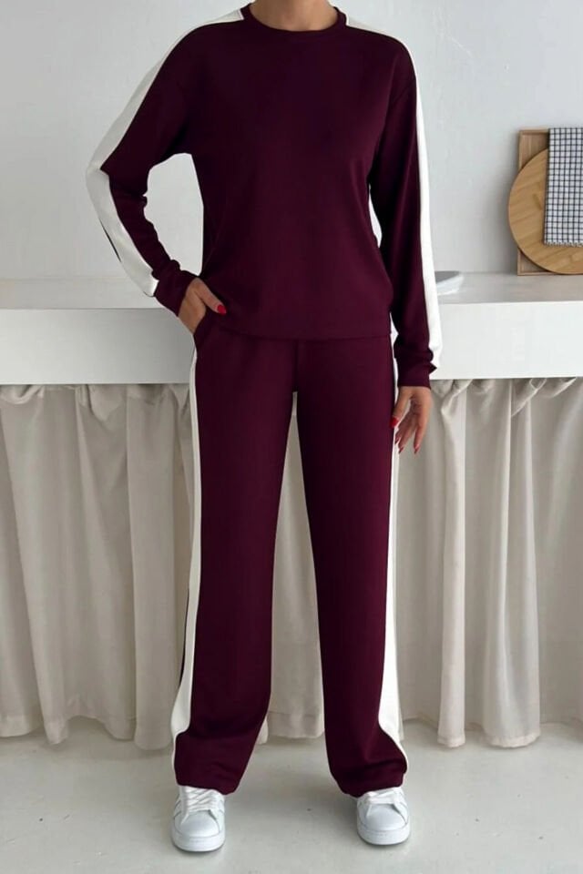 Kadın Yanları Beyaz Şeritli  Hafif Likralı ve Esnek Modal Eşofman Takımı XL - BORDO