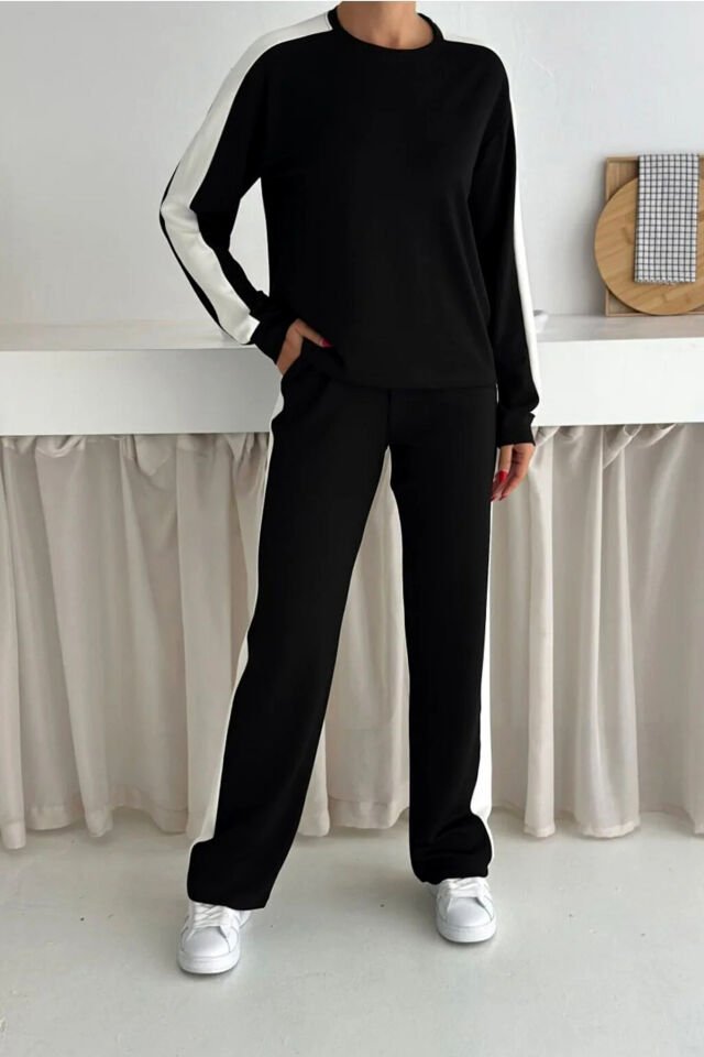 Kadın Yanları Beyaz Şeritli  Hafif Likralı ve Esnek Modal Eşofman Takımı 2577 S - SİYAH