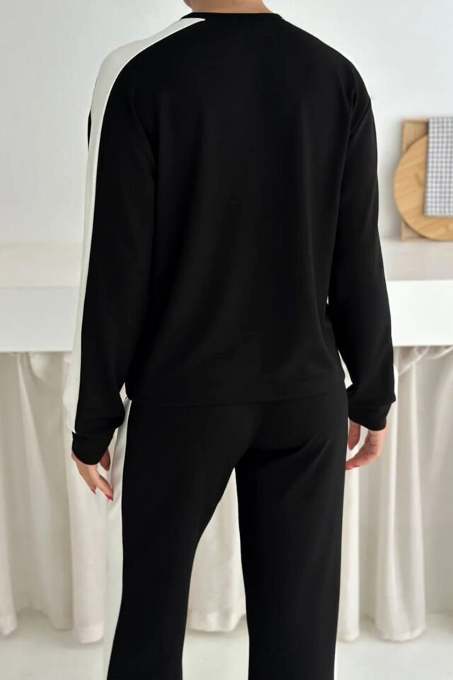 Kadın Yanları Beyaz Şeritli  Hafif Likralı ve Esnek Modal Eşofman Takımı 2577 S - SİYAH