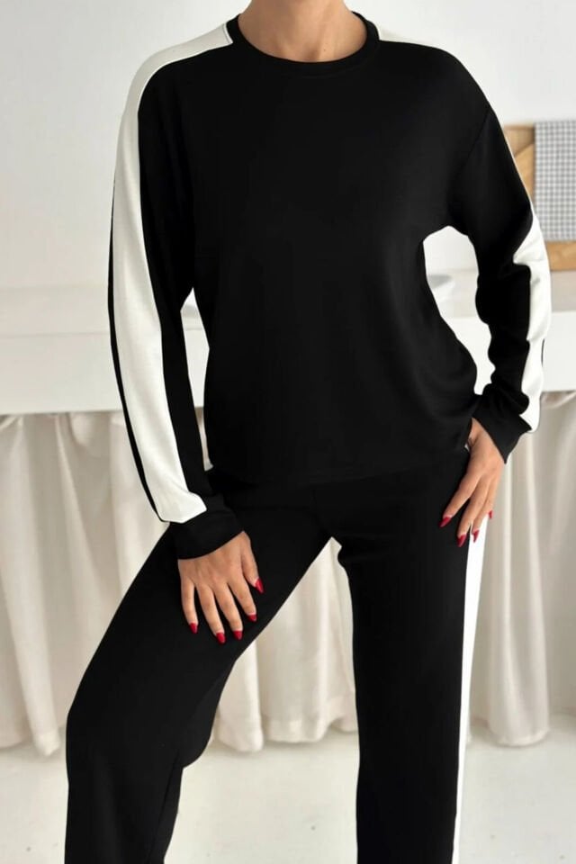 Kadın Yanları Beyaz Şeritli  Hafif Likralı ve Esnek Modal Eşofman Takımı XL - SİYAH