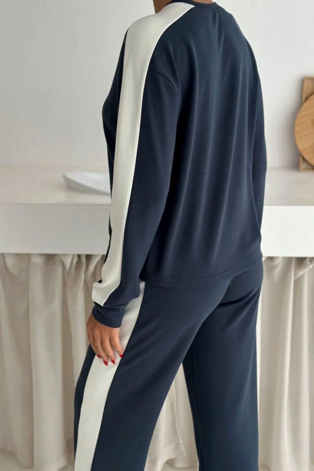 Kadın Yanları Beyaz Şeritli  Hafif Likralı ve Esnek Modal Eşofman Takımı 2577 S - KOYU GRİ