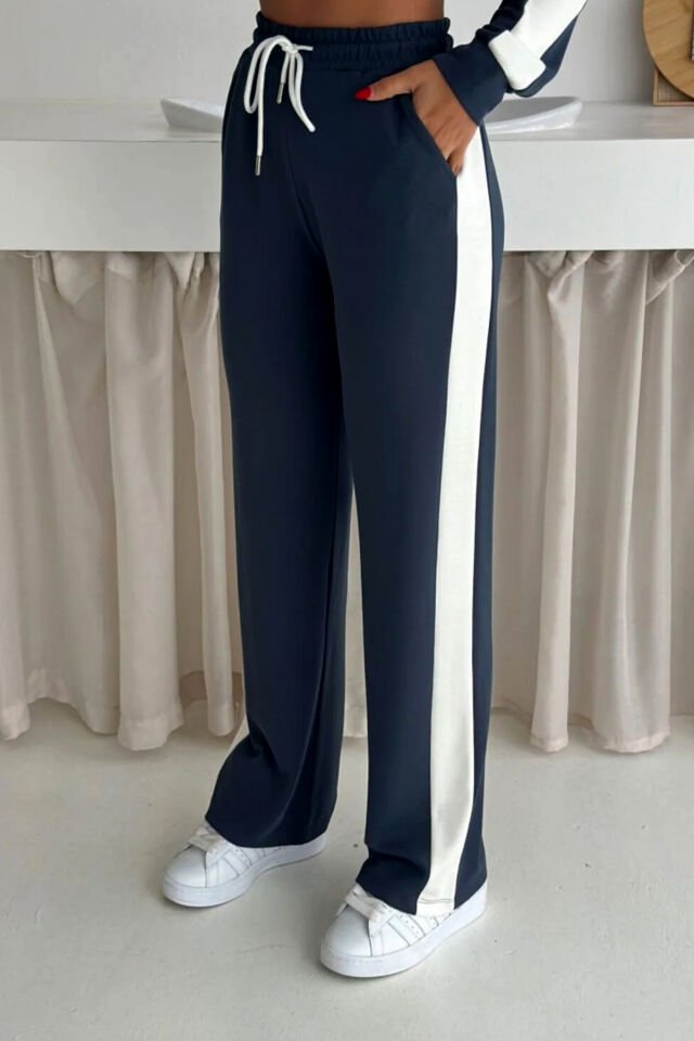 Kadın Yanları Beyaz Şeritli  Hafif Likralı ve Esnek Modal Eşofman Takımı 2577 S - KOYU GRİ