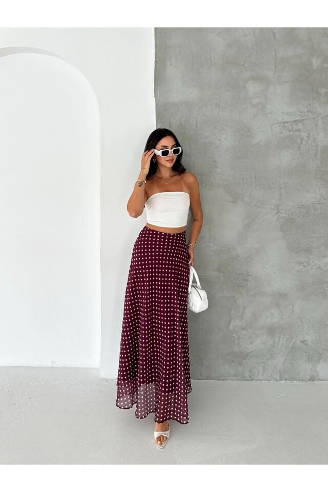 Kadın Puantiyeli Şifon Maxi Boy Etek - Yandan Fermuarlı Astarlı 6959 XL - KAHVE