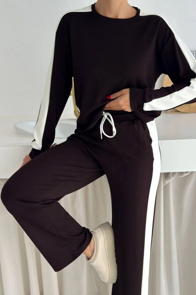 Kadın Yanları Beyaz Şeritli  Hafif Likralı ve Esnek Modal Eşofman Takımı XL - KAHVERENGİ