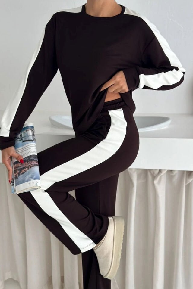 Kadın Yanları Beyaz Şeritli  Hafif Likralı ve Esnek Modal Eşofman Takımı XL - KAHVERENGİ