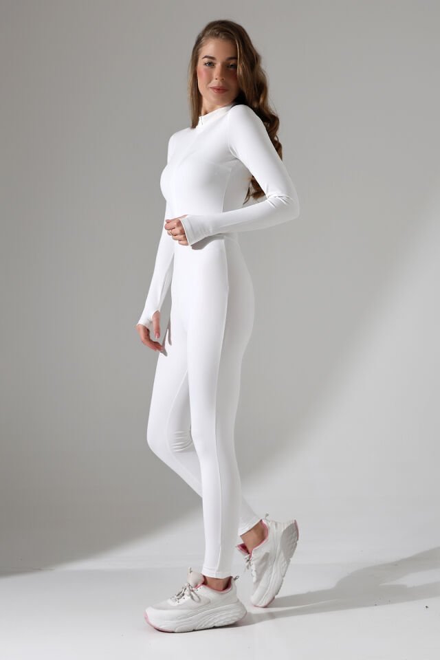 Kadın Beyaz Renk Polarlı Kışlık Uzun Tulum Tayt M - BEYAZ