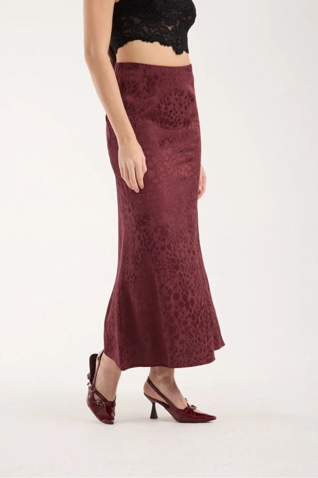 Kadın Dokulu 93cm  Desenli Kloş Model  Uzun Etek S - BORDO