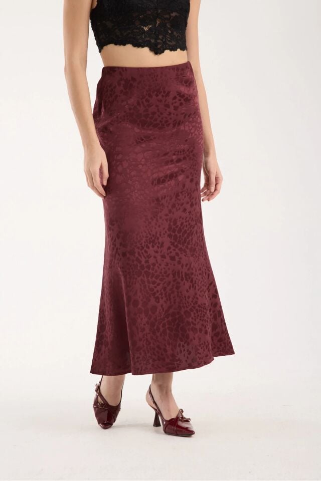 Kadın Dokulu 93cm  Desenli Kloş Model  Uzun Etek S - BORDO